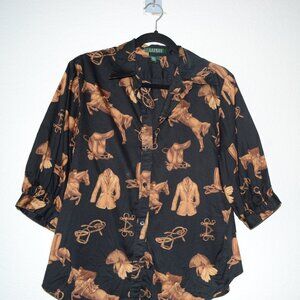 Ralph Lauren Equestrian Horse Print Button Up Collared Black Shirt L Old Money